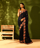 Royal Blue Tussar Silk Floral Cutwork Embroidered Saree